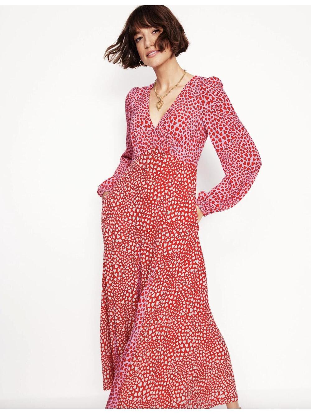 Boden Lisa Tea Dress Pink Heart Print Long Sleeve Maxi NWT Size 4 Pockets